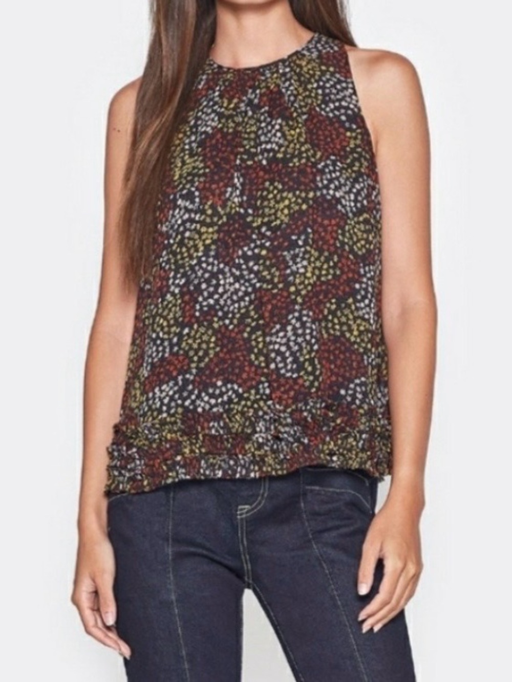 Joie Chrissy Silk Floral Midnight Sleeveless Ruffle Hem Blouse